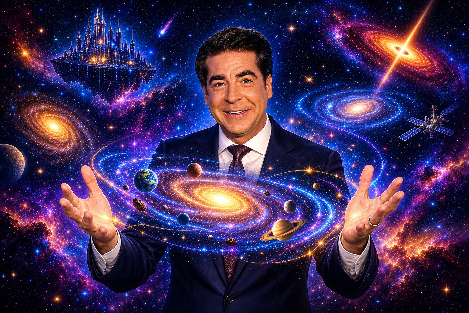 A man in a dark navy suit stands against a field of stars and
              coloured nebulae, hands open and raised, a bright spiral galaxy
              and its orbiting planets suspended between them. A lit castle
              floats on a fragment of rock in the upper left; a satellite and
              further galaxies sit to the right.